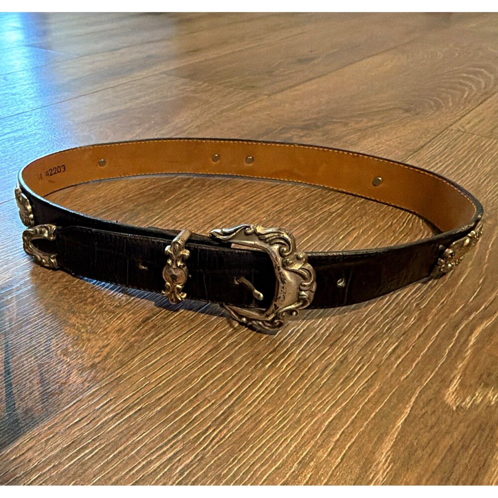 Vtg 90s Brighton Womens Sz M Black Leather Western Waist Belt Silver Tone Buckle